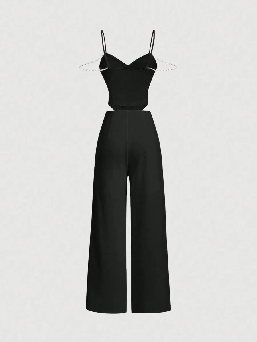 Conjunto Feminino Elegante com Top Camisola e Calça Pantalona Preto