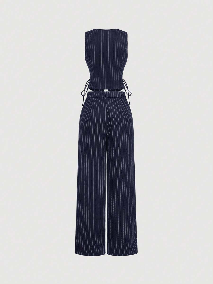 Conjunto Feminino de Colete e Calça Reta Listrada Azul Marinho