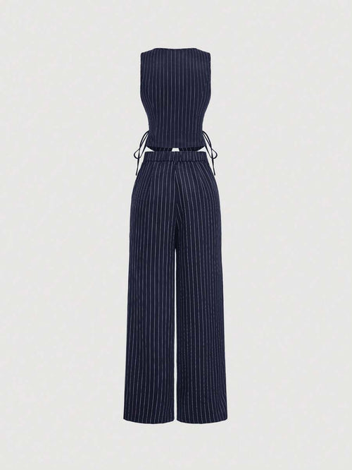 Conjunto Feminino de Colete e Calça Reta Listrada Azul Marinho