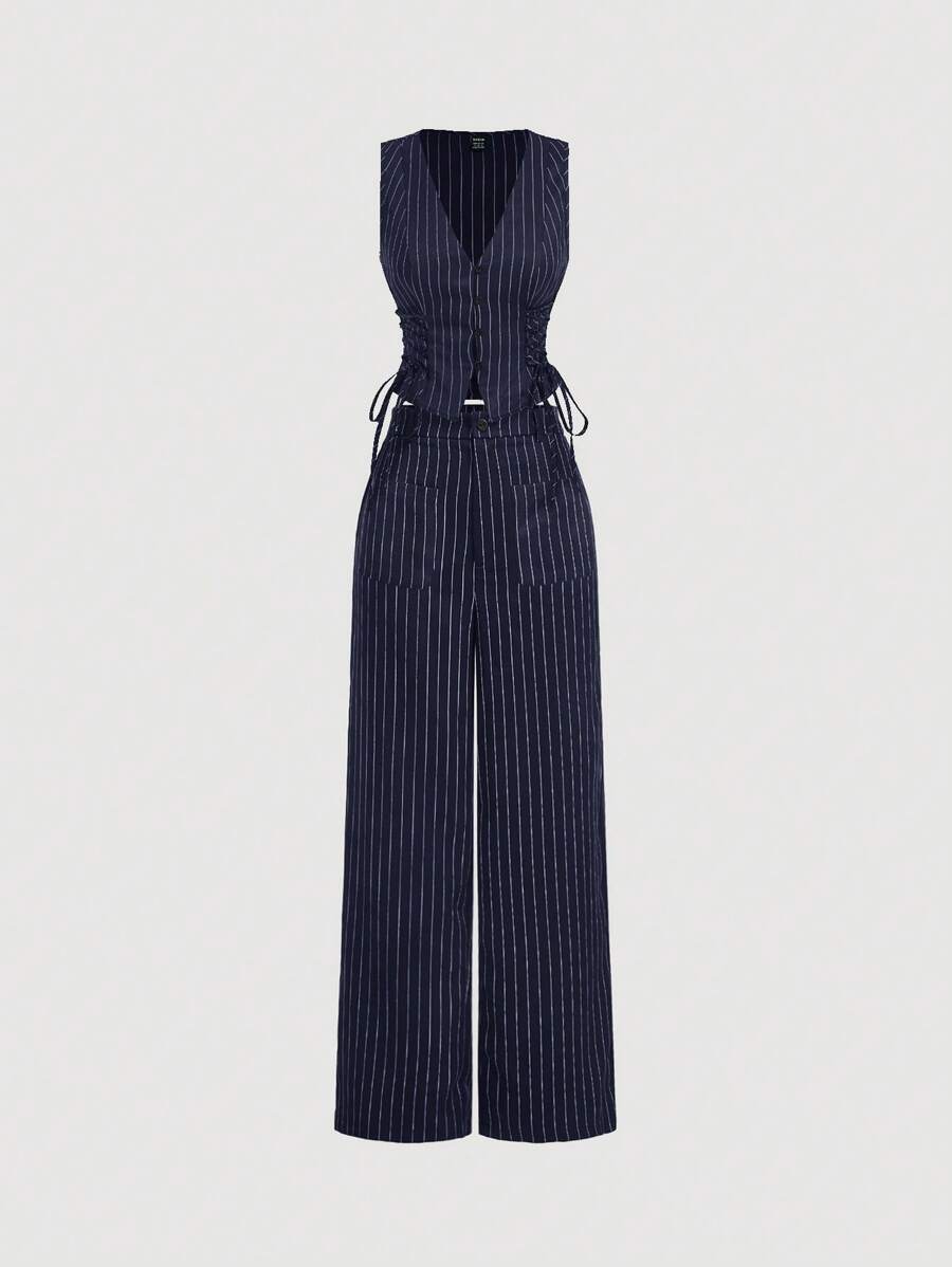 Conjunto Feminino de Colete e Calça Reta Listrada Azul Marinho