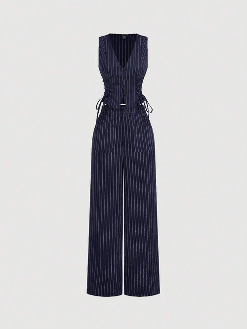 Conjunto Feminino de Colete e Calça Reta Listrada Azul Marinho