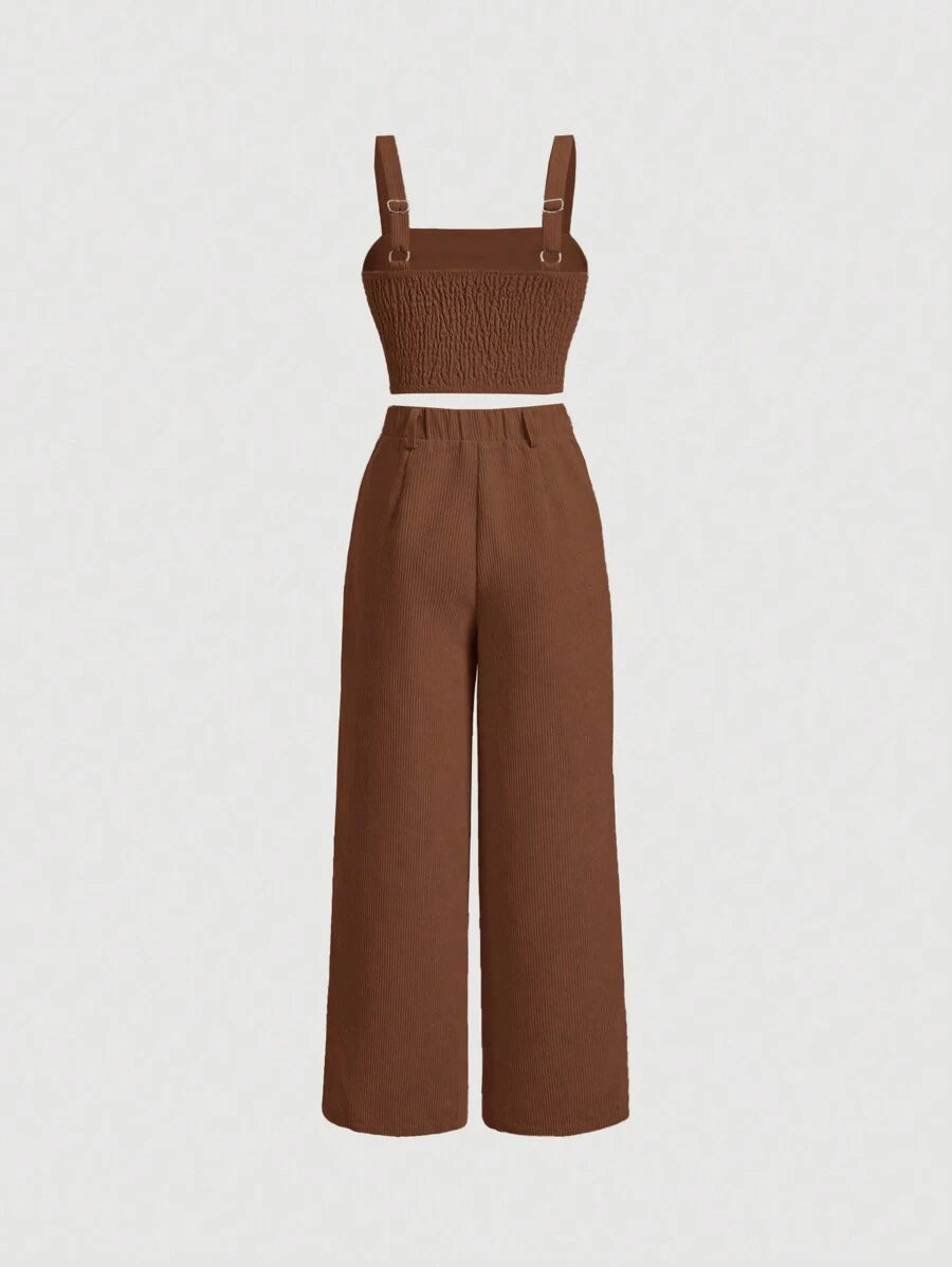 Conjunto Feminino de Top Camisole e Calça de Perna Larga Castanho