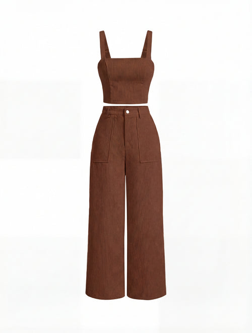 Conjunto Feminino de Top Camisole e Calça de Perna Larga Castanho