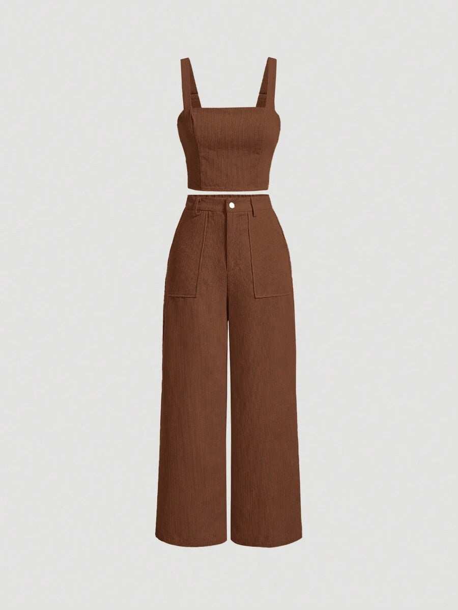 Conjunto Feminino de Top Camisole e Calça de Perna Larga Castanho