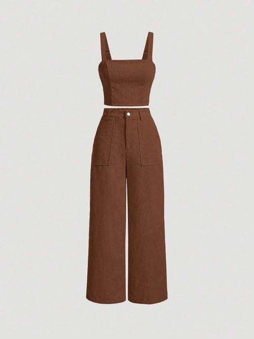 Conjunto Feminino de Top Camisole e Calça de Perna Larga Castanho
