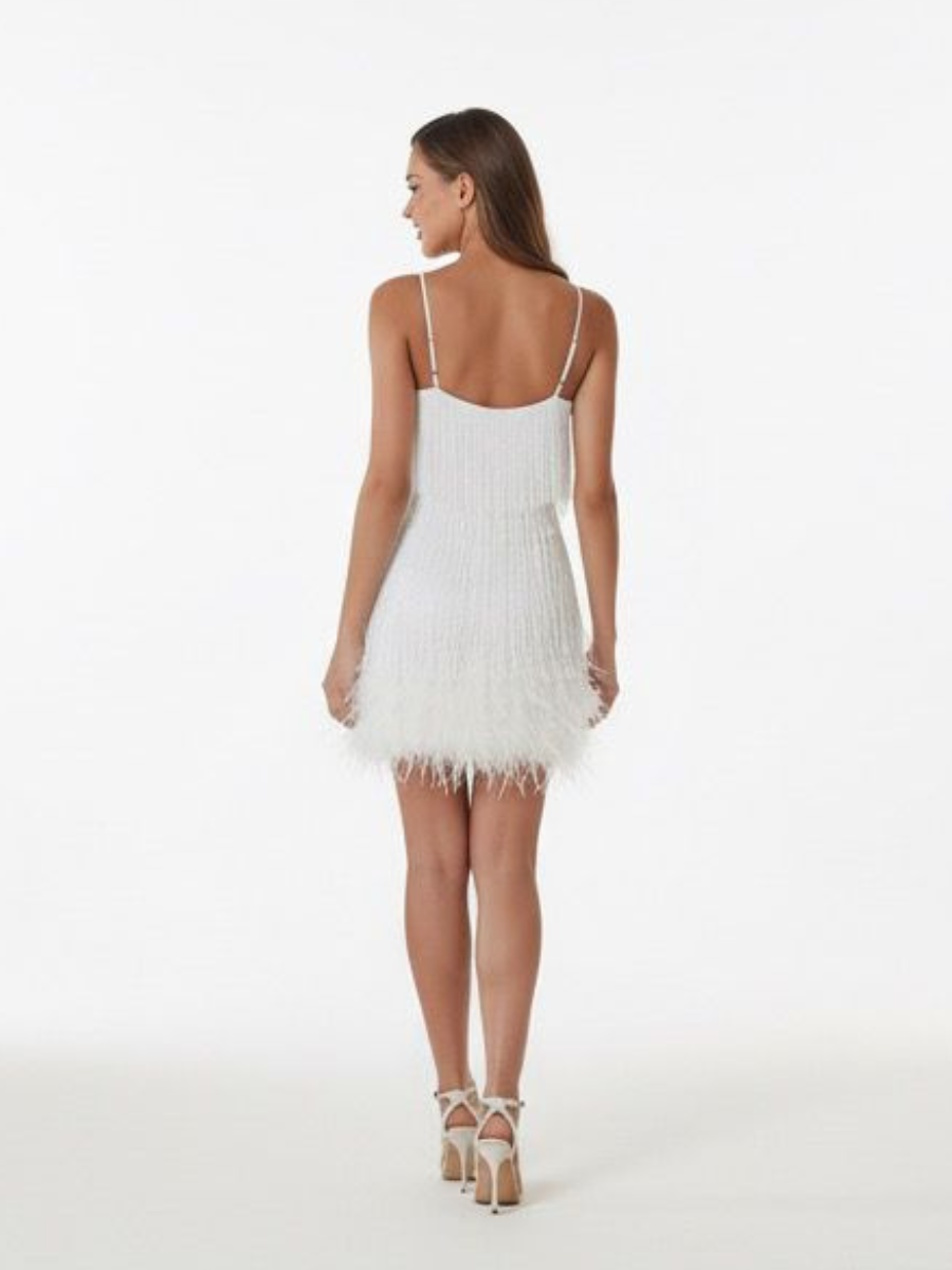 Vestido de Paetê Com Franjas e Plumas
