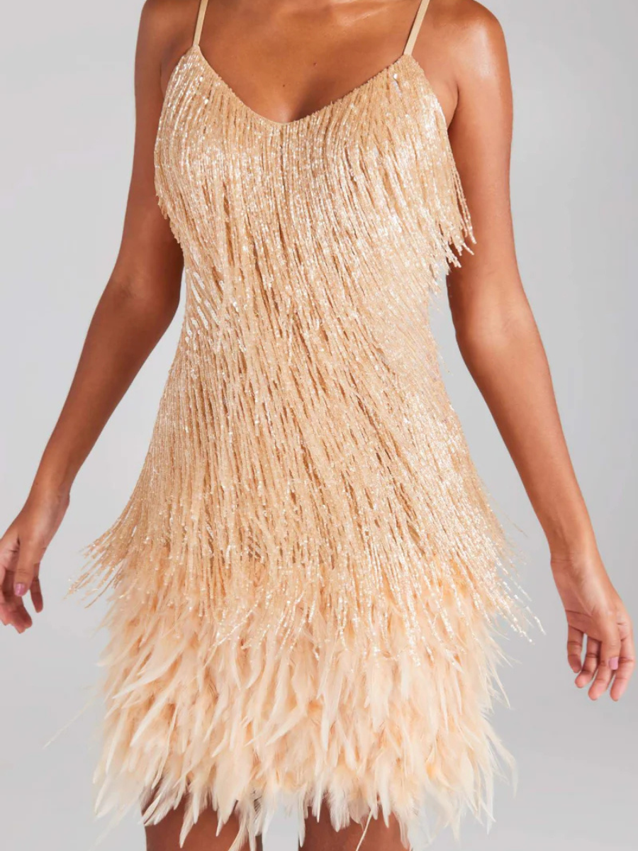Vestido de Paetê Com Franjas e Plumas