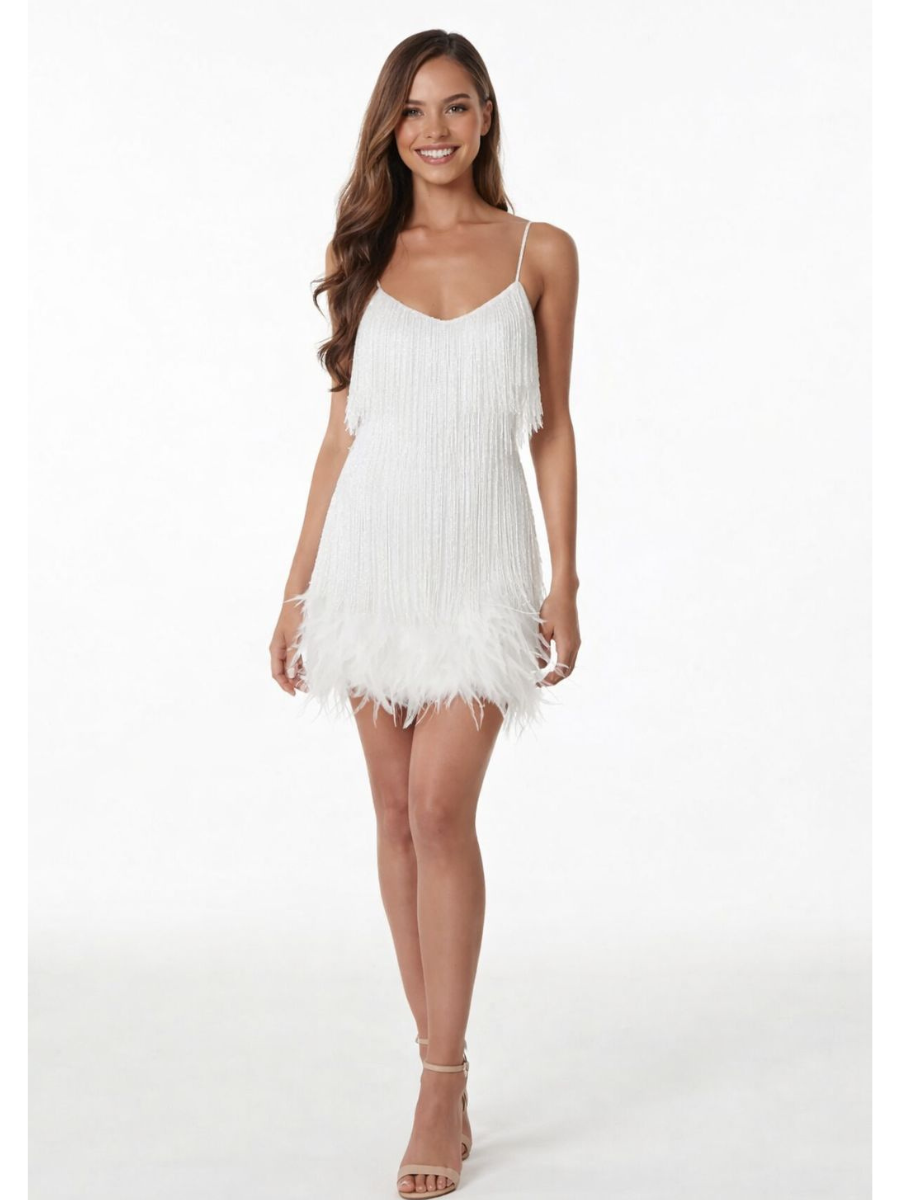 Vestido de Paetê Com Franjas e Plumas