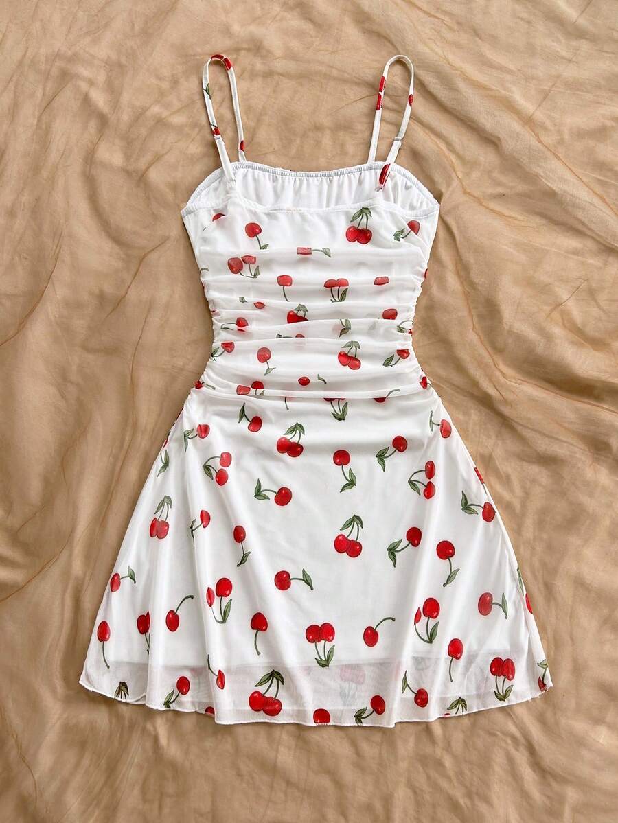 Vestido Mini Feminino Slip Boho com Estampa Floral  Vermelho e Branco