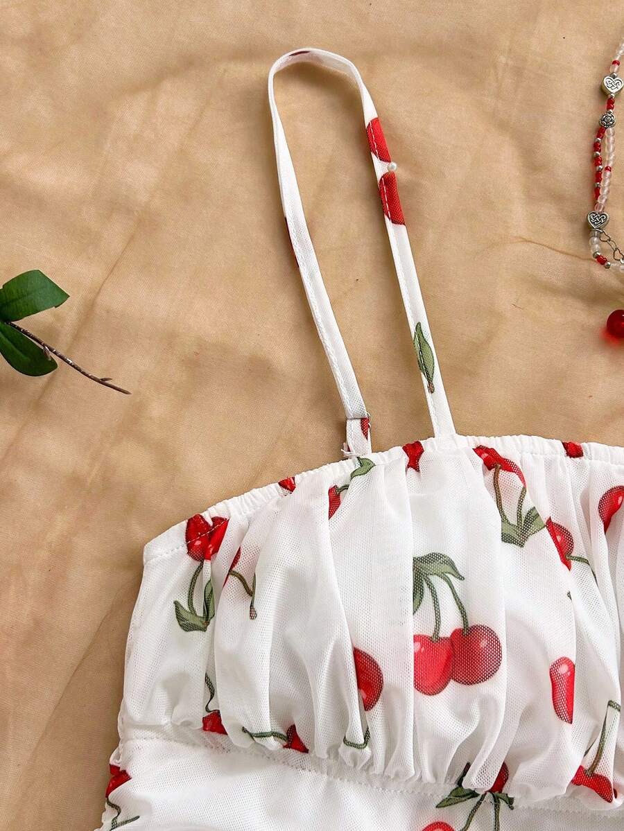 Vestido Mini Feminino Slip Boho com Estampa Floral  Vermelho e Branco
