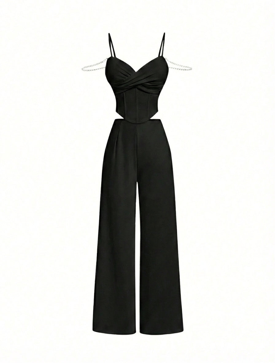 Conjunto Feminino Elegante com Top Camisola e Calça Pantalona Preto