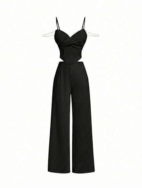 Conjunto Feminino Elegante com Top Camisola e Calça Pantalona Preto