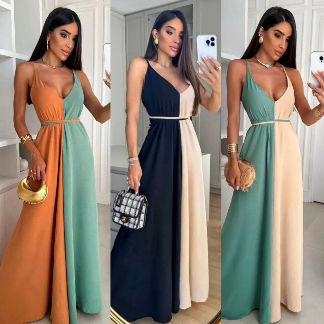 Vestido Feminino Longo Bicolor Alças