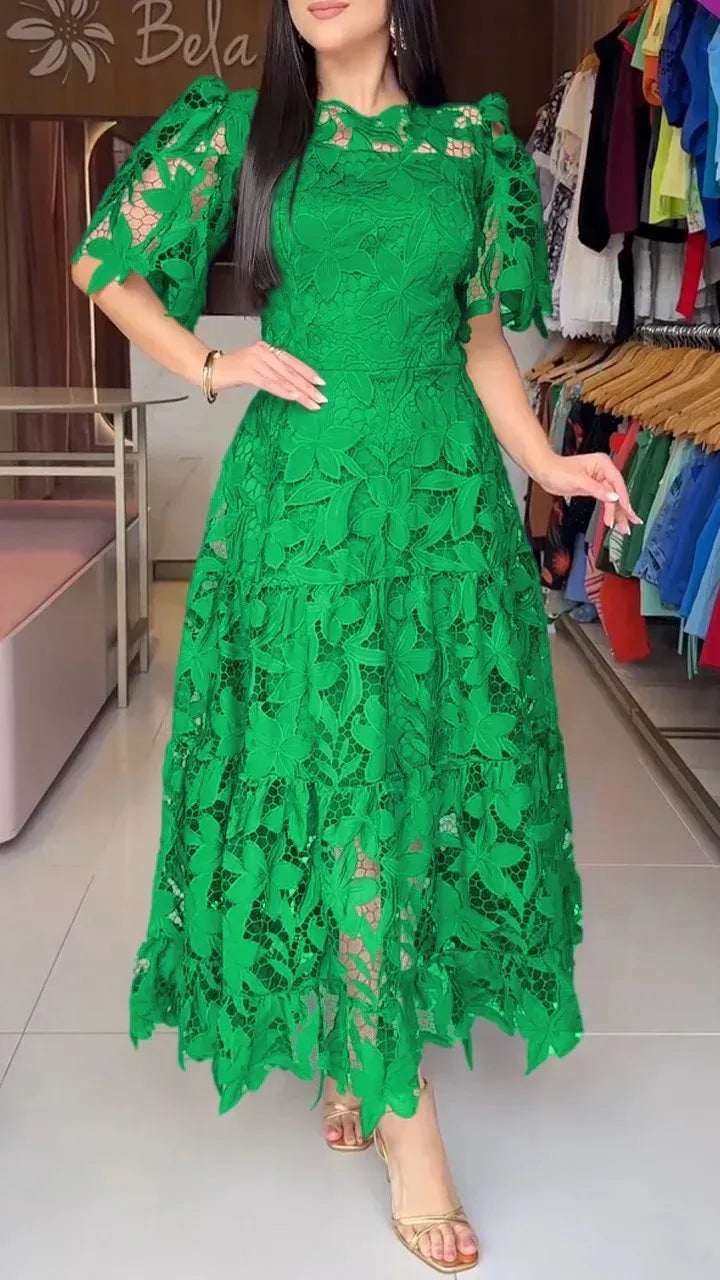 Vestido Feminino Midi Renda Manga Curta