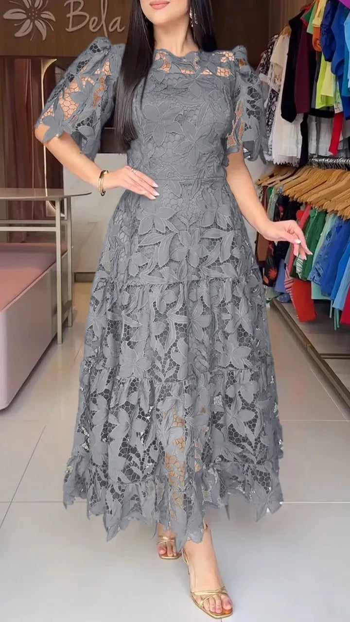 Vestido Feminino Midi Renda Manga Curta