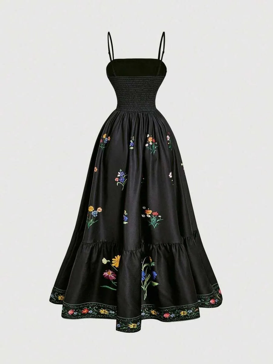 Vestido Longo Floral Feminino Boho com Alças Ajustáveis e Forro – Preto