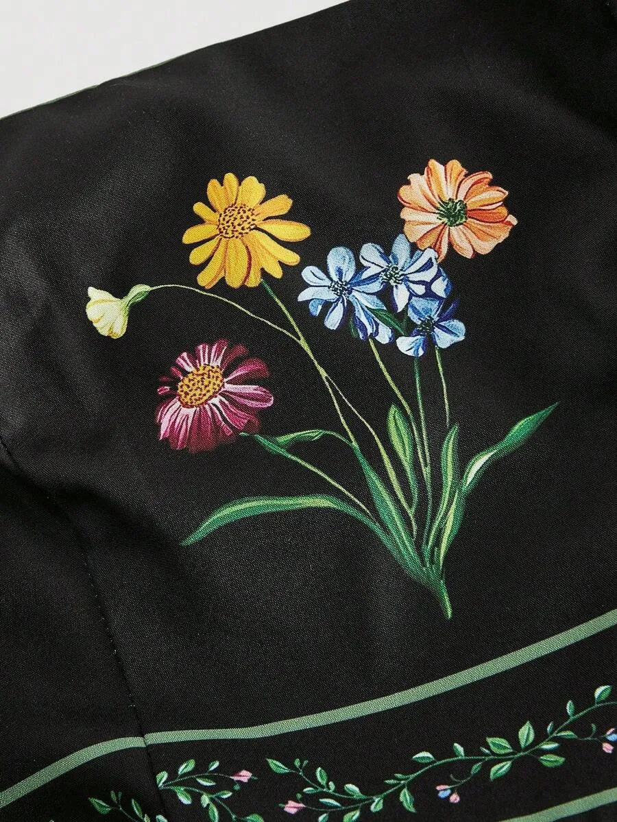 Vestido Longo Floral Feminino Boho com Alças Ajustáveis e Forro – Preto