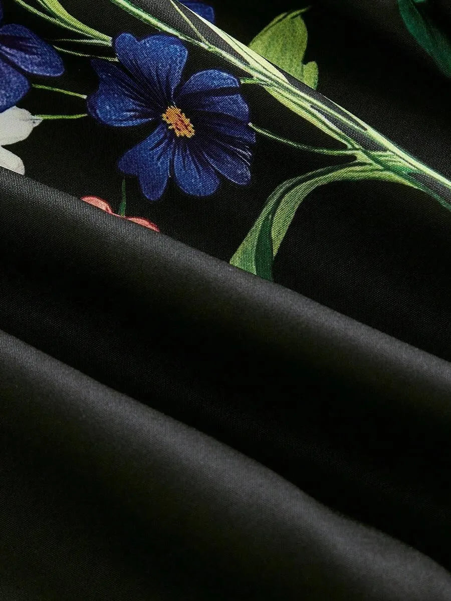 Vestido Longo Floral Feminino Boho com Alças Ajustáveis e Forro – Preto