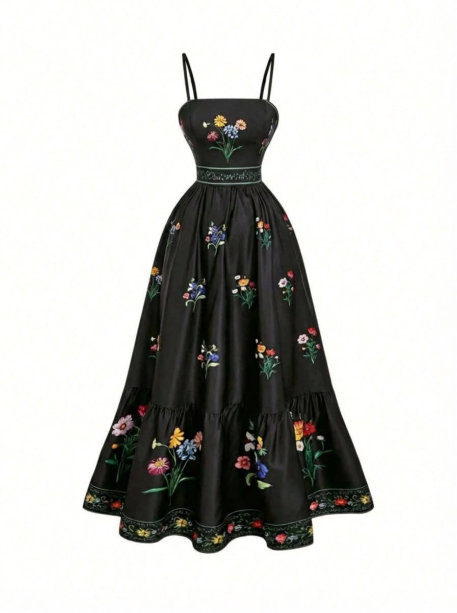 Vestido Longo Floral Feminino Boho com Alças Ajustáveis e Forro – Preto