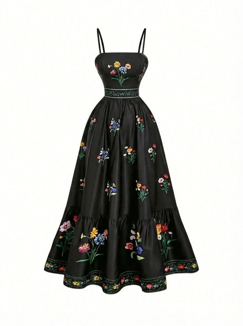 Vestido Longo Floral Feminino Boho com Alças Ajustáveis e Forro – Preto
