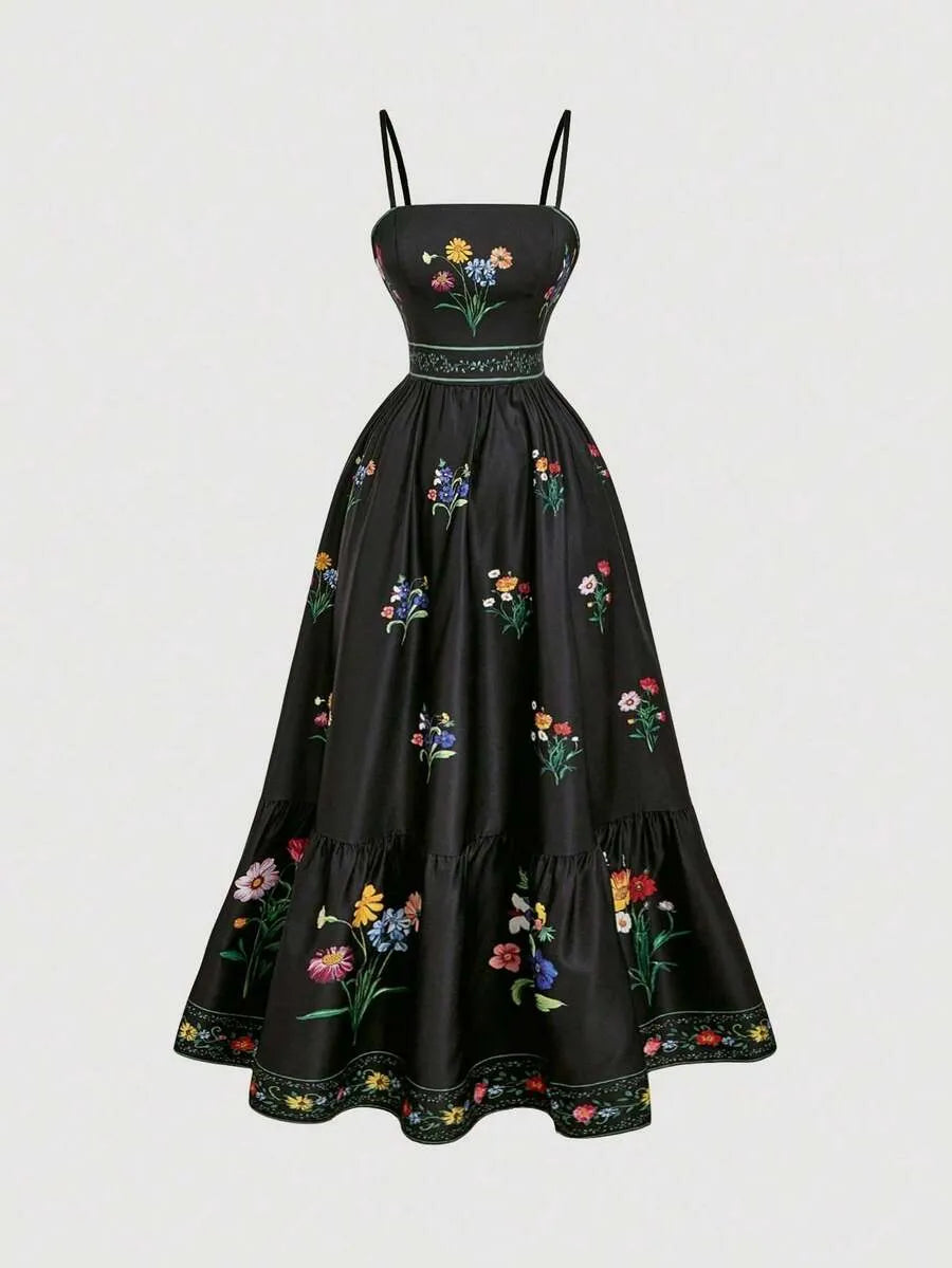 Vestido Longo Floral Feminino Boho com Alças Ajustáveis e Forro – Preto