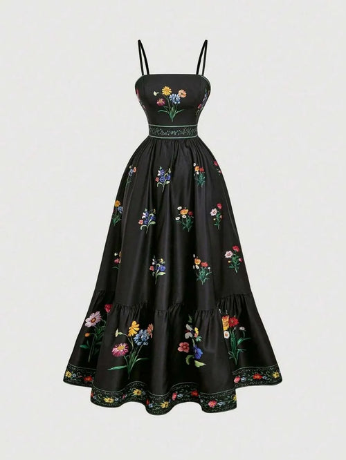 Vestido Longo Floral Feminino Boho com Alças Ajustáveis e Forro – Preto