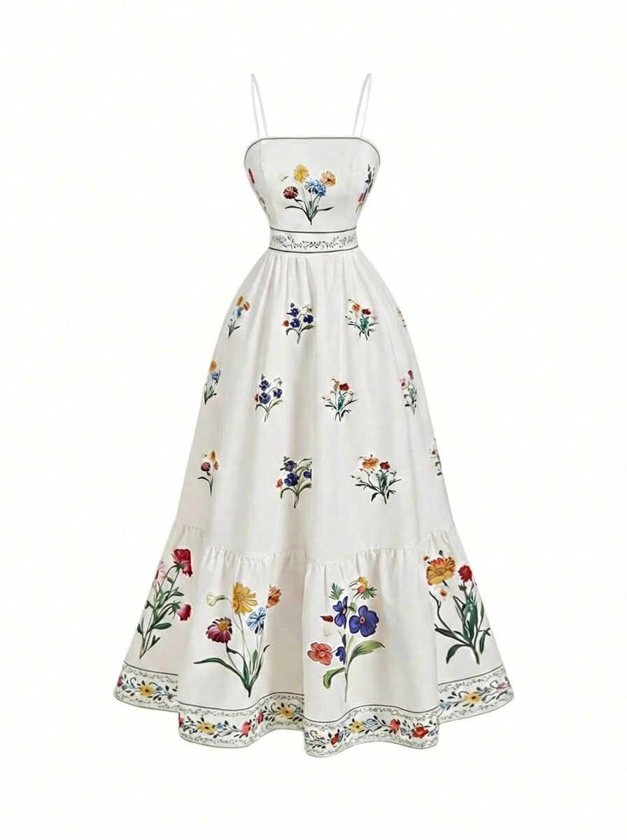 Vestido Longo Floral Feminino com Alças Finas e Forro Interno – Branco
