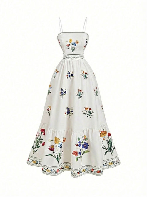 Vestido Longo Floral Feminino com Alças Finas e Forro Interno – Branco