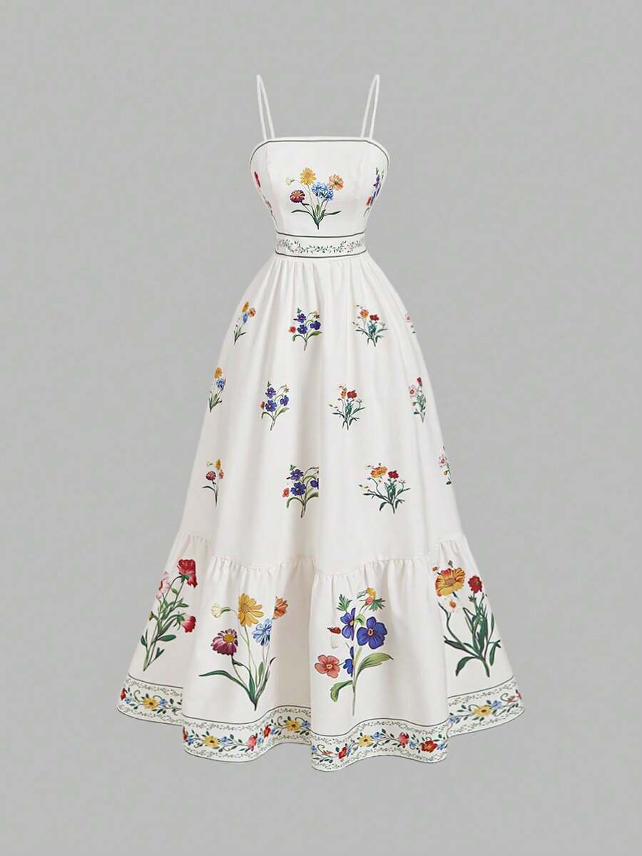 Vestido Longo Floral Feminino com Alças Finas e Forro Interno – Branco