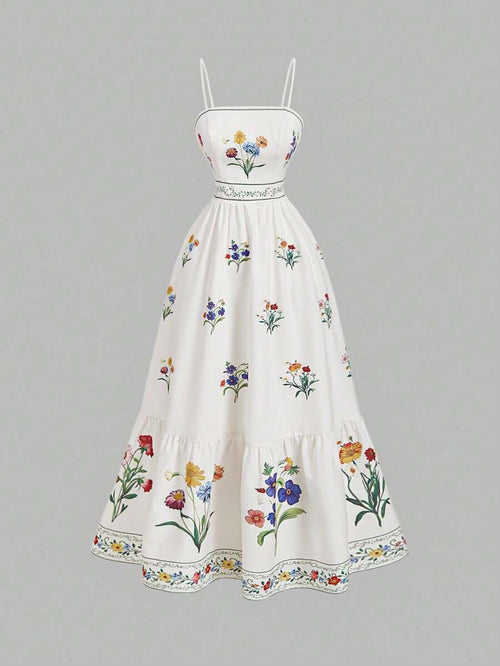 Vestido Longo Floral Feminino com Alças Finas e Forro Interno – Branco