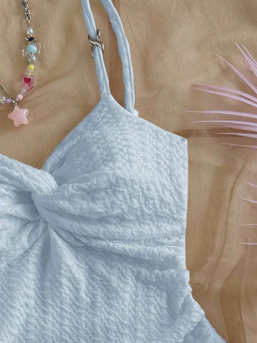 Vestido Mini Feminino Bodycon em Malha com Alças Finas Azul Bebê