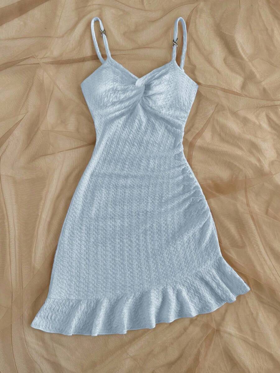 Vestido Mini Feminino Bodycon em Malha com Alças Finas Azul Bebê