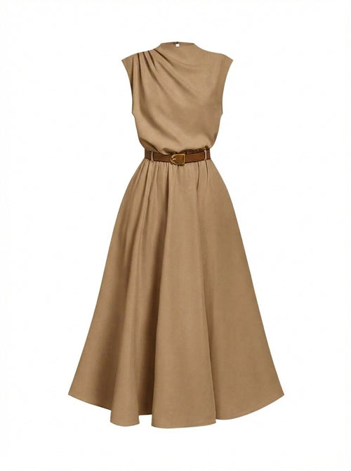 Vestido Longo Feminino Elegante em A com Cinto – Caqui