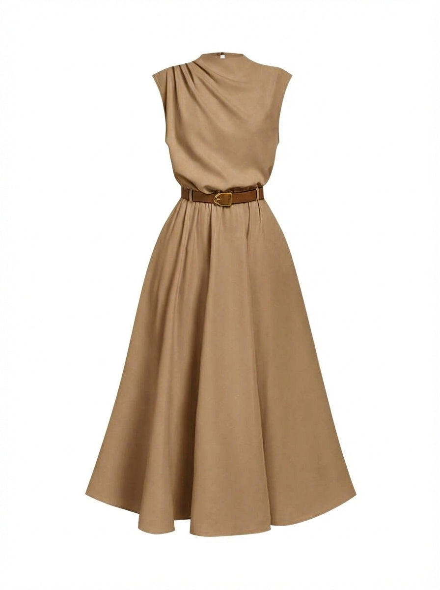 Vestido Longo Feminino Elegante em A com Cinto – Caqui