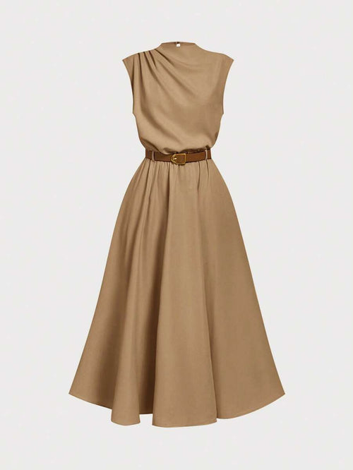 Vestido Longo Feminino Elegante em A com Cinto – Caqui