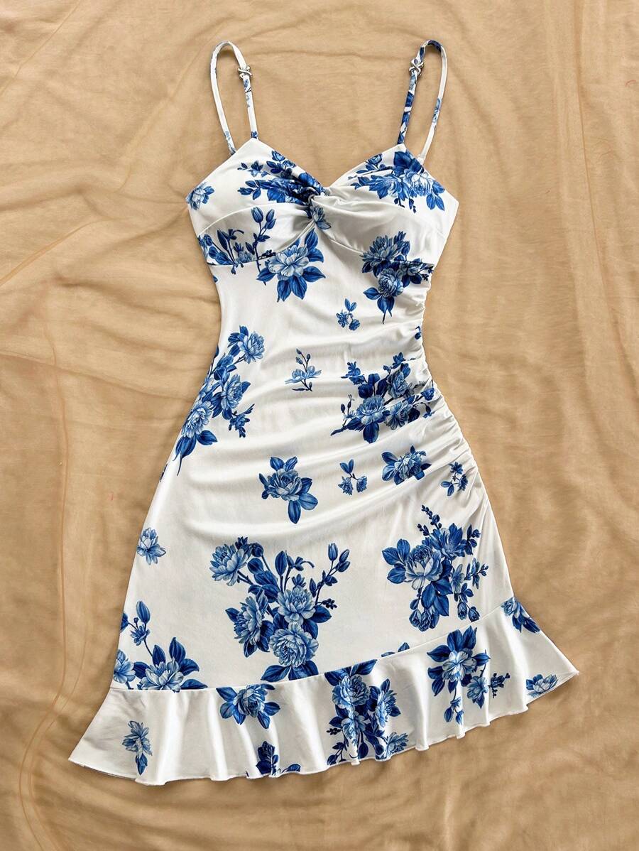 Vestido Mini Feminino Floral Evasê com Alça de Fivela Azul e Branco