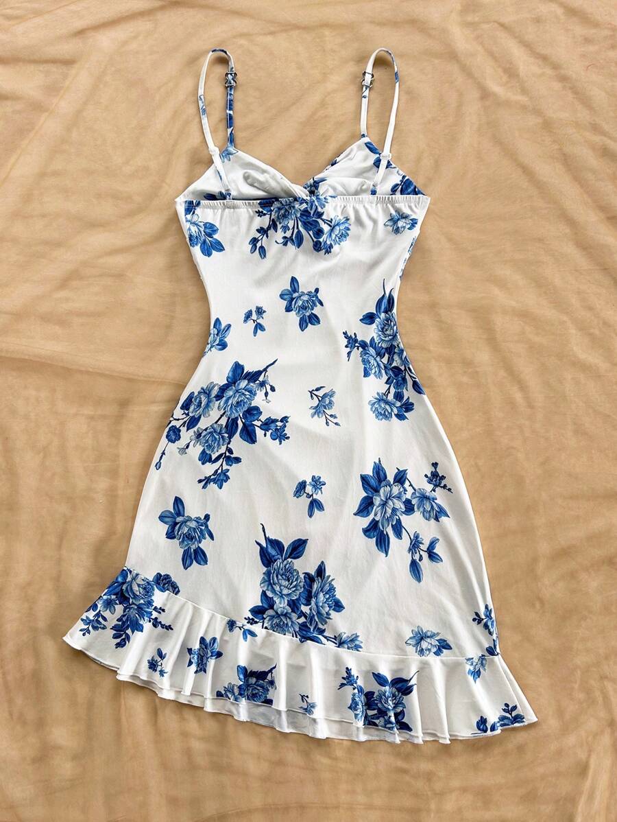 Vestido Mini Feminino Floral Evasê com Alça de Fivela Azul e Branco