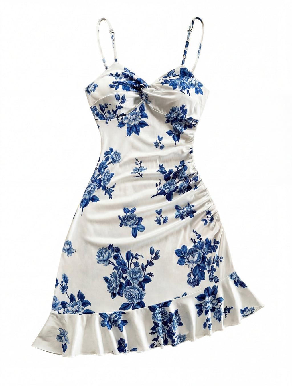 Vestido Mini Feminino Floral Evasê com Alça de Fivela Azul e Branco