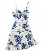 Vestido Mini Feminino Floral Evasê com Alça de Fivela Azul e Branco