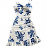 Vestido Mini Feminino Floral Evasê com Alça de Fivela Azul e Branco