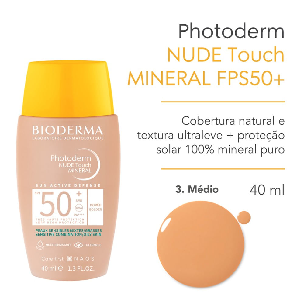 Bioderma Photoderm Nude Touch Mineral Protetor Solar FPS 50+ Cor 3.0 Cobertura Natural e Iluminada 40ml — imagem 2 | Farmácia Resyla