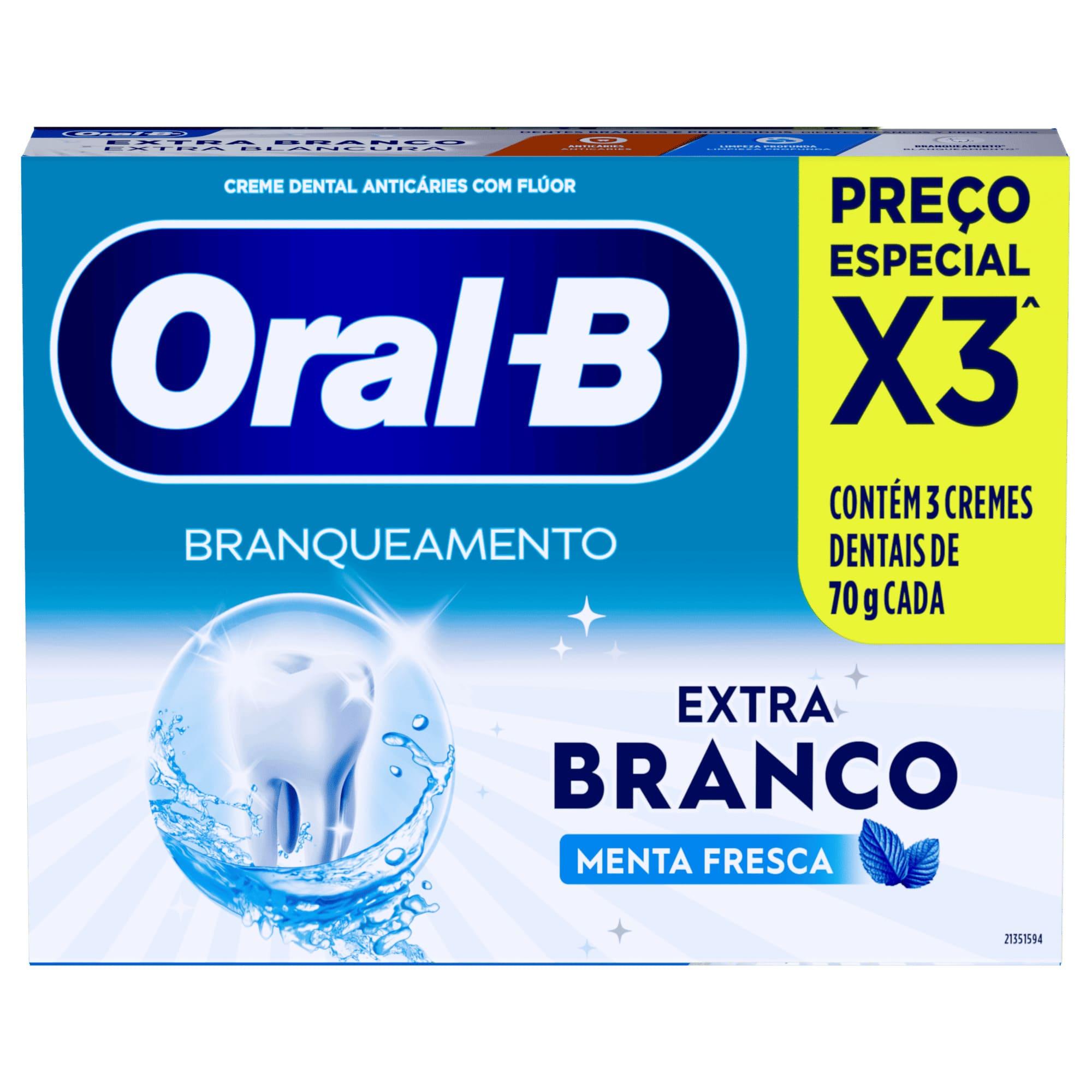 Creme Dental Oral-B Extra Branco Com Flúor 3 Unidades 70g Cada Preço Especial — Oral B | Farmácia Resyla