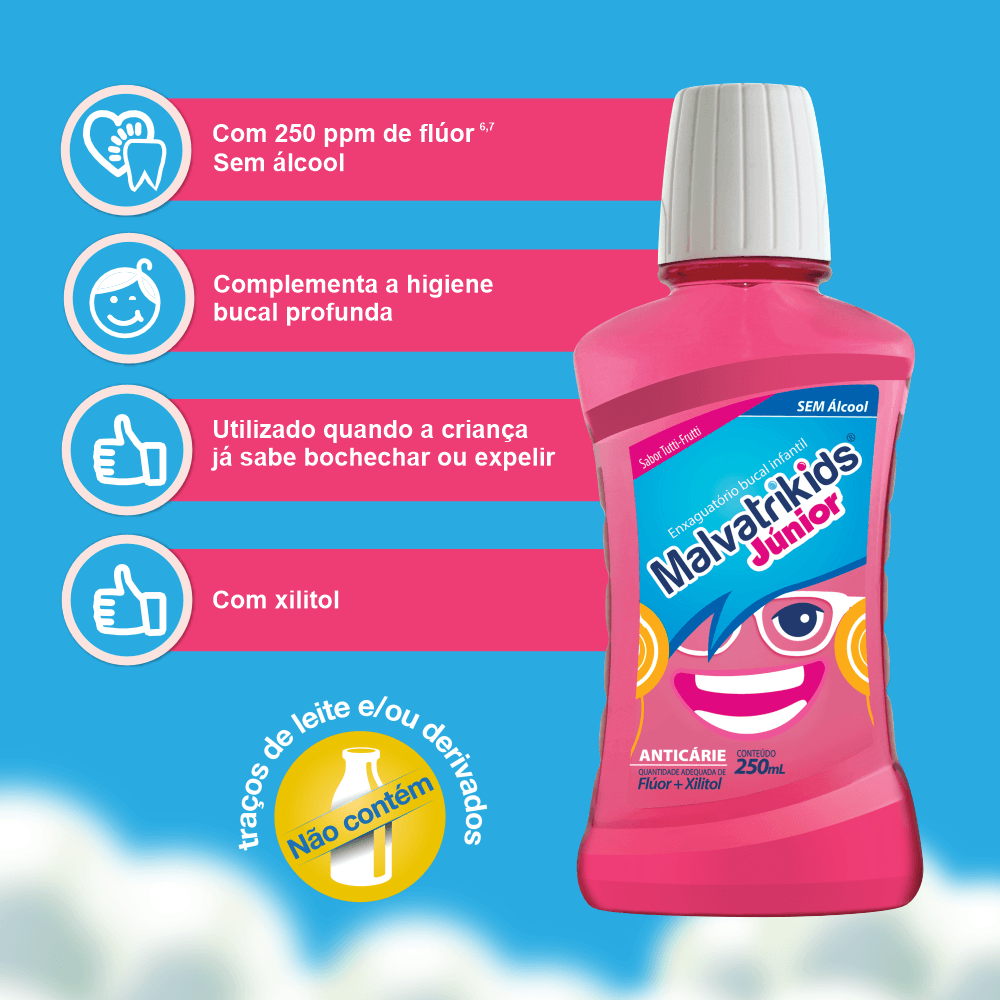 Enxaguante Bucal Infantil Malvatrikids Júnior Flúor Xilitol Zero Álcool Sabor Tutti Frutti 250ml — imagem 3 | Farmácia Resyla