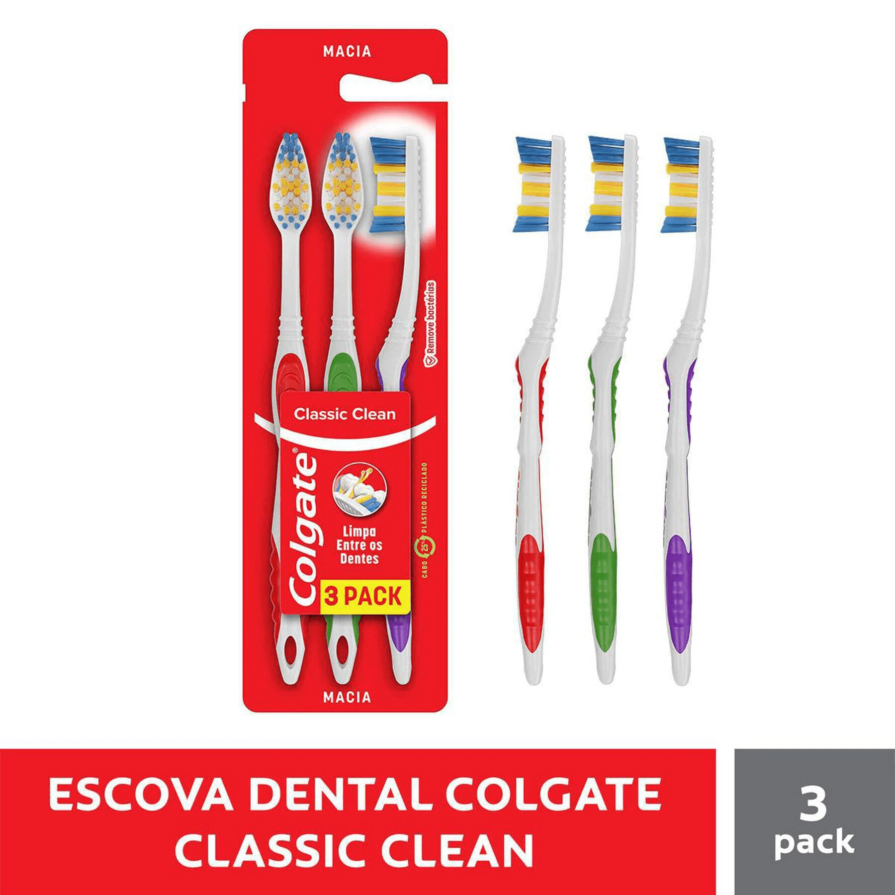 Escova Dental Colgate Classic Clean Cerdas Macia Cores Sortidas 3 Unidades — imagem 2 | Farmácia Resyla
