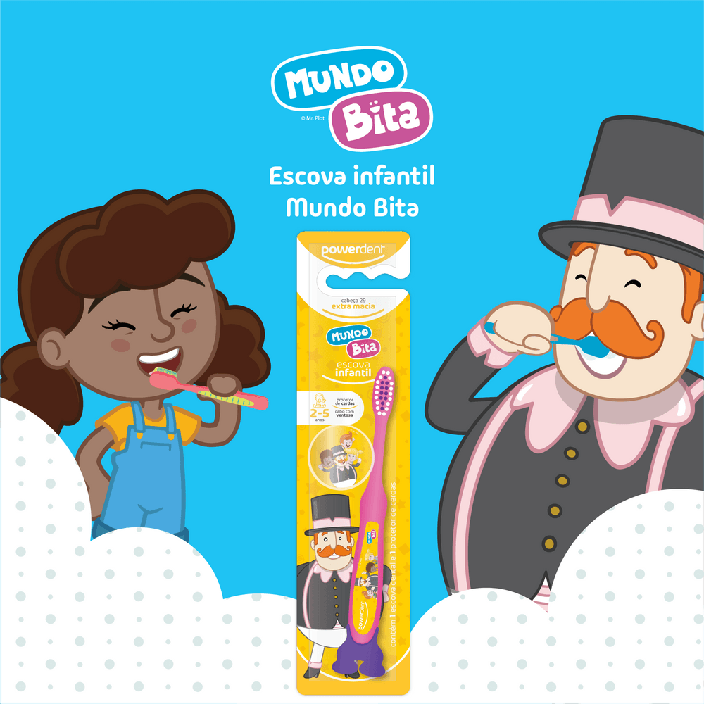 Escova Dental Infantil Powerdent Mundo Bita Extra Macia 2 a 5 anos 1 Unidade + protetor de cerdas — imagem 2 | Farmácia Resyla