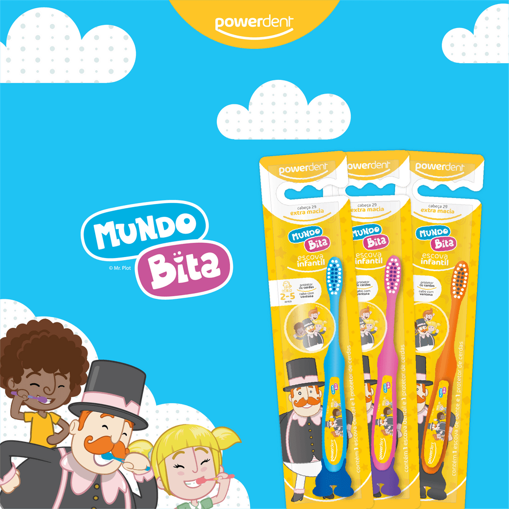 Escova Dental Infantil Powerdent Mundo Bita Extra Macia 2 a 5 anos 1 Unidade + protetor de cerdas — imagem 3 | Farmácia Resyla