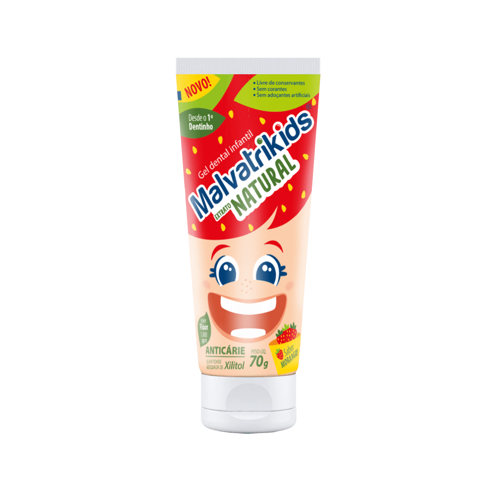 Gel Dental Infantil Malvatrikids Extrato Natural Anticáries Flúor Xilitol Sabor Morango 70g — Malvatrikids | Farmácia Resyla