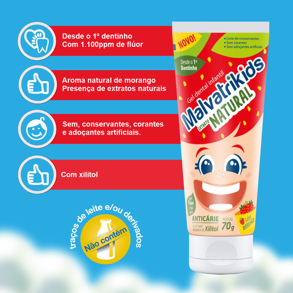 Gel Dental Infantil Malvatrikids Extrato Natural Anticáries Flúor Xilitol Sabor Morango 70g — imagem 2 | Farmácia Resyla