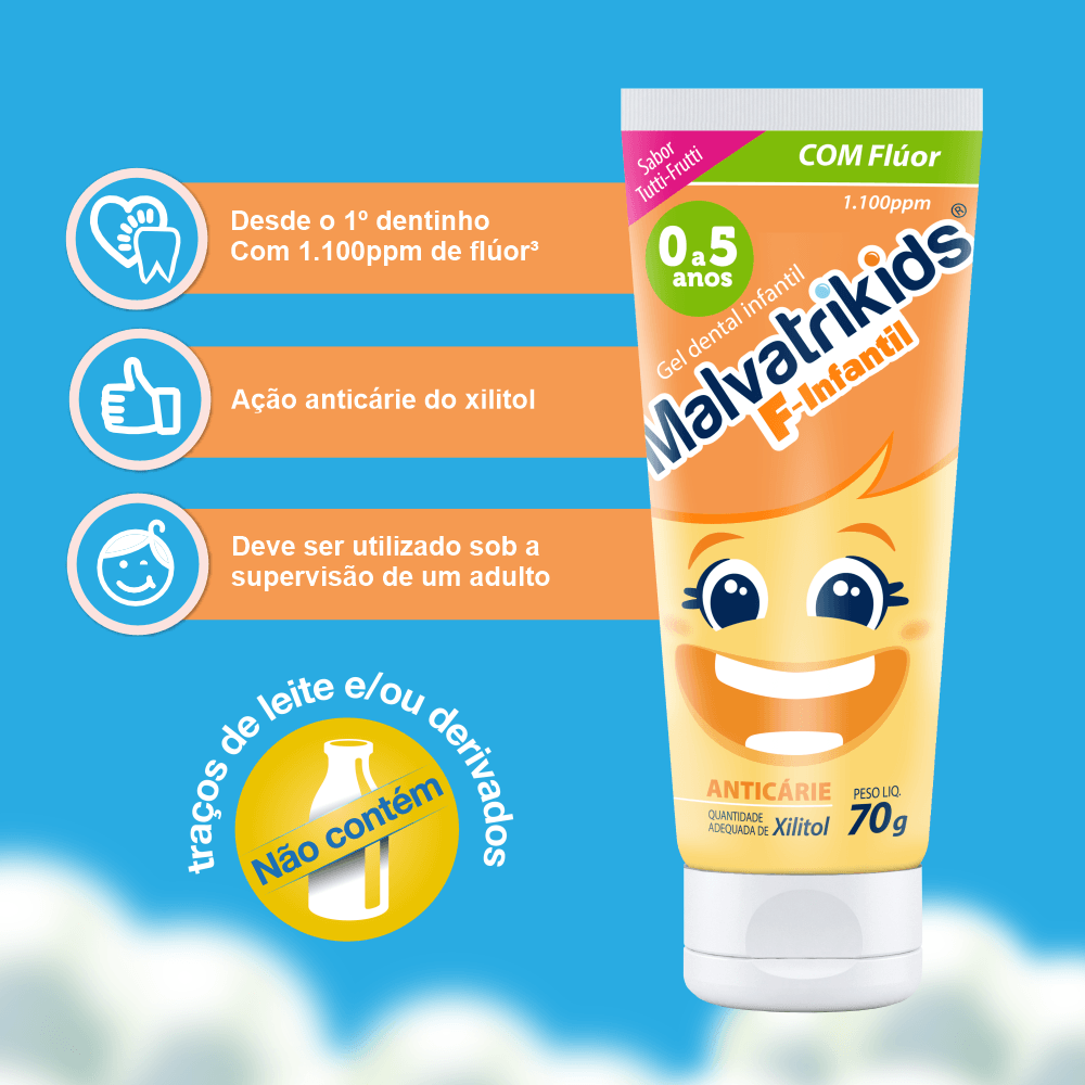 Gel Dental Infantil Malvatrikids F-Infantil Anticáries Flúor Xilitol Sabor Tutti Frutti 70g — imagem 2 | Farmácia Resyla
