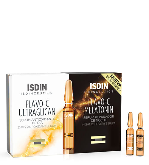 Isdin Isdinceutics Flavo-C Ultraglican Sérum Antioxidante Diurno Com 10 Ampolas De 2ml + Isdin Isdinceutics Flavo-C Melatonin Sérum Reparador Noturno — Isdin | Farmácia Resyla